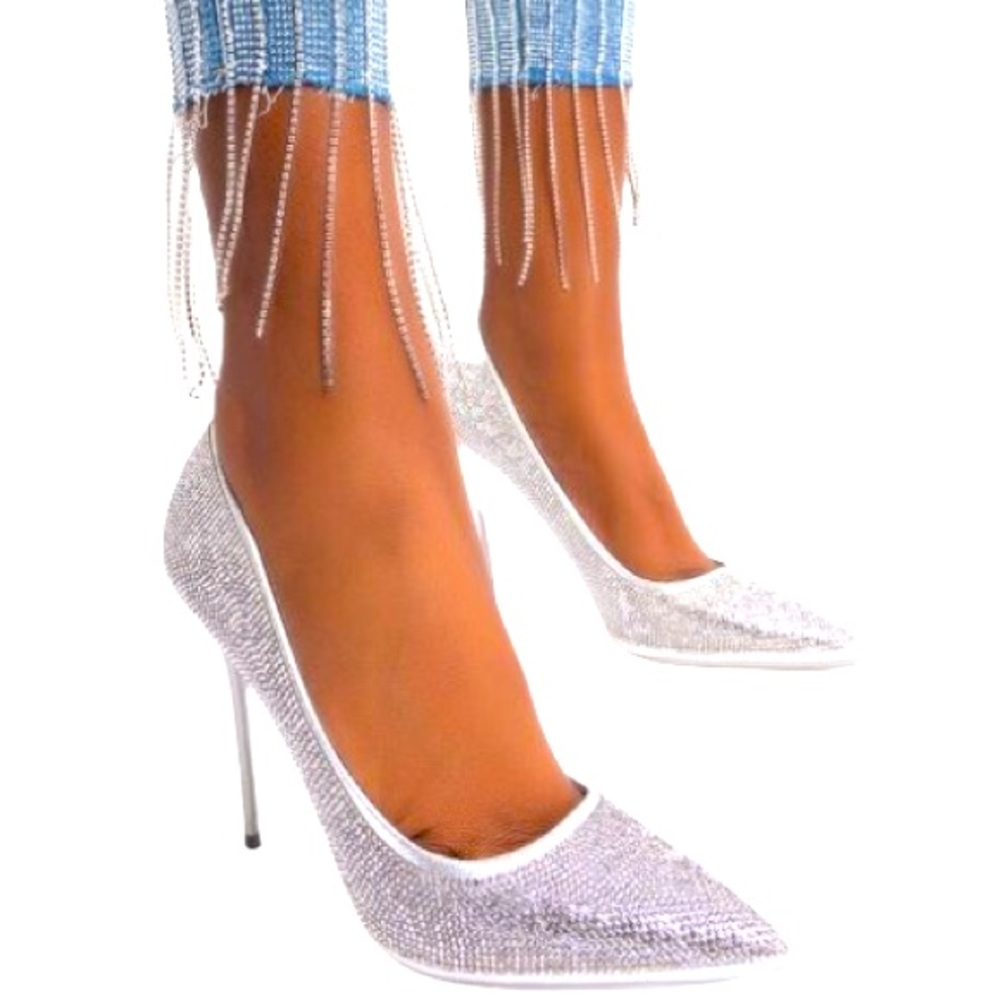 Silver Metallic Glitter Rhinestone Crystal Embellished Pointed Toe Pumps